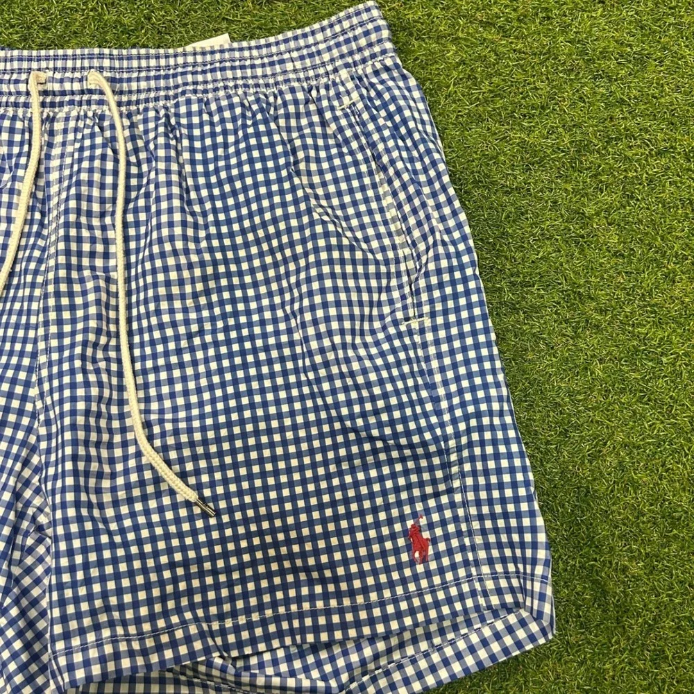 Polo Ralph Lauren Mens Blue Gingham Swim Trunks Shorts Large Pony Logo